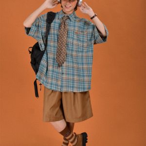 Brushed Plaid Short Sleeve Shirt for Men and Women, Casual Versatile Vintage Style, 90s Inspired Fashion, New Arrival