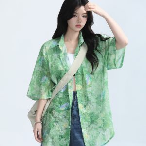 Butterfly Print Short Sleeve Shirt for Women, Lightweight & Sheer, Loose Fit, Summer Fashion, Sun Protection, Trendy Casual Top