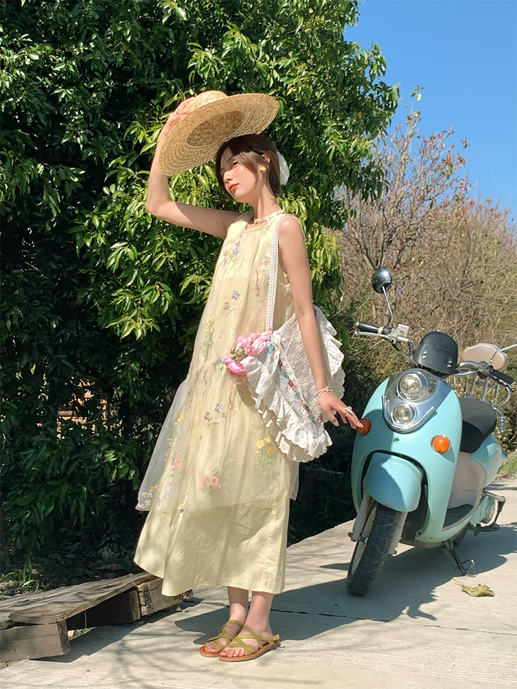 Butterfly Spirit Flower Embroidered Sleeveless Summer Dress for Women - Vintage Loose Layered Vacation Tank Dress Butterfly Spirit Flower Embroidered Sleeveless Summer Dress for Women - Vintage Loose Layered Vacation Tank Dress