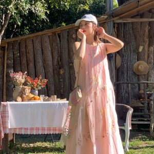 Butterfly Spirit Flower Embroidered Sleeveless Summer Dress for Women - Vintage Loose Layered Vacation Tank Dress