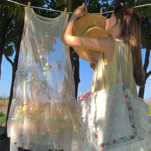 Butterfly Spirit Flower Embroidered Sleeveless Summer Dress for Women - Vintage Loose Layered Vacation Tank Dress