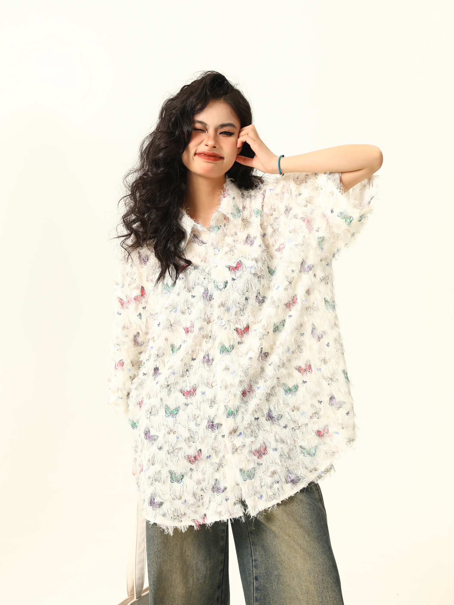 Butterfly Tassel Short Sleeve Shirt for Women - Trendy Loose Summer Blouse, 2025 Fashion, Y2K Style, Perfect for Summer Outfits Butterfly Tassel Short Sleeve Shirt for Women - Trendy Loose Summer Blouse, 2025 Fashion, Y2K Style, Perfect for Summer Outfits