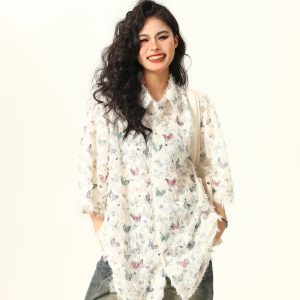 Butterfly Tassel Short Sleeve Shirt for Women - Trendy Loose Summer Blouse, 2025 Fashion, Y2K Style, Perfect for Summer Outfits