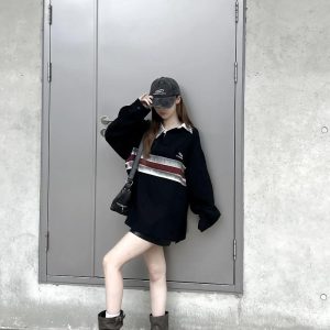 California Vintage Striped Spliced Polo Collar Sweatshirt - Unisex Long Sleeve, Versatile, Washable, American Dirty Dye Style