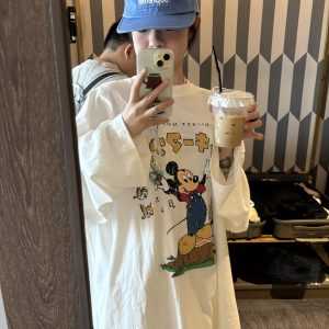 Cartoon Print Casual Oversized Long Sleeve T-Shirt for Autumn & Winter - Korean Style, Youthful and Slimming Cotton Tee