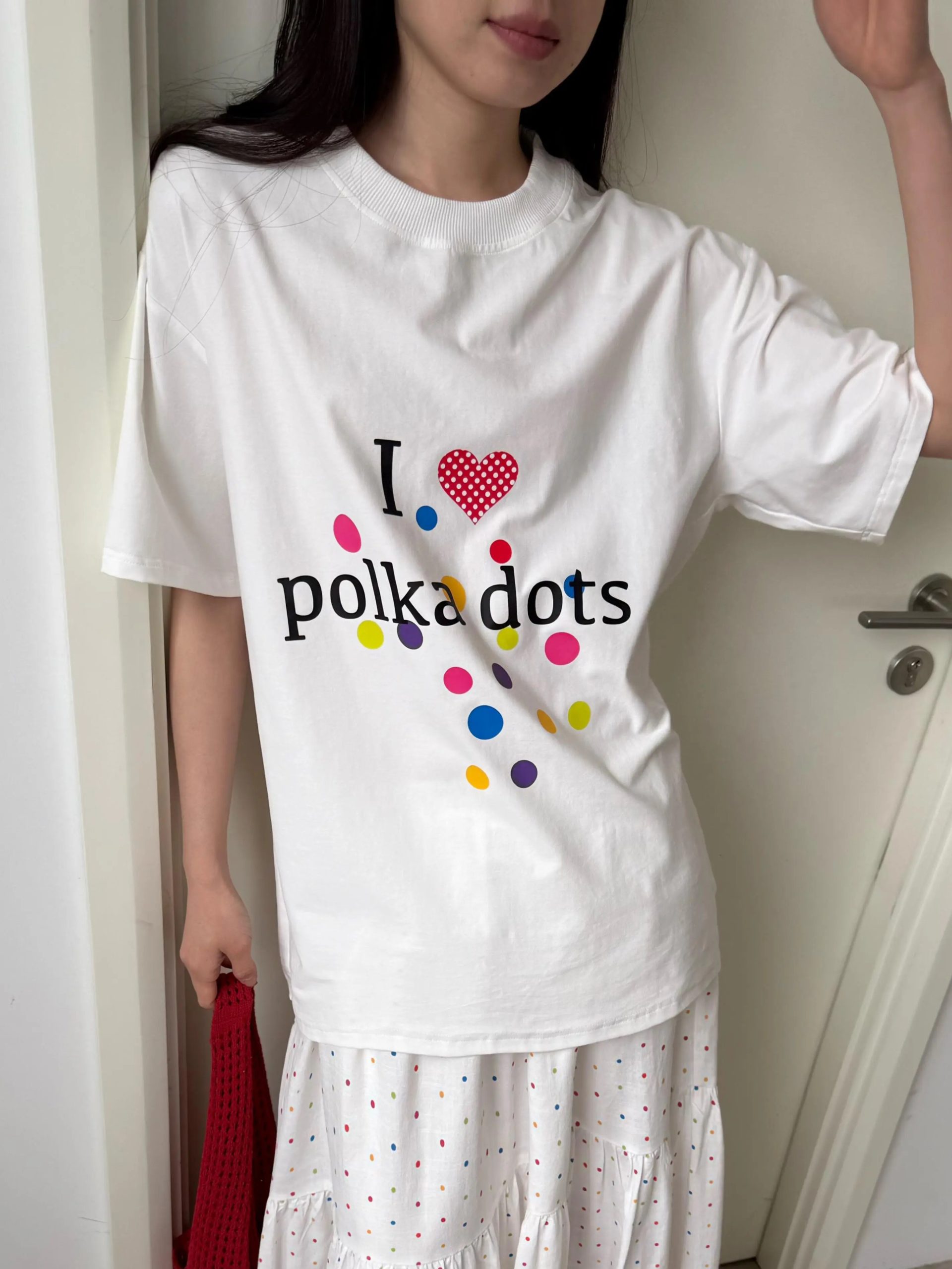 Korean Style Minimalist Polka Dot Color-Block Heart Print Short Sleeve Fitted Cotton T-Shirt for Women