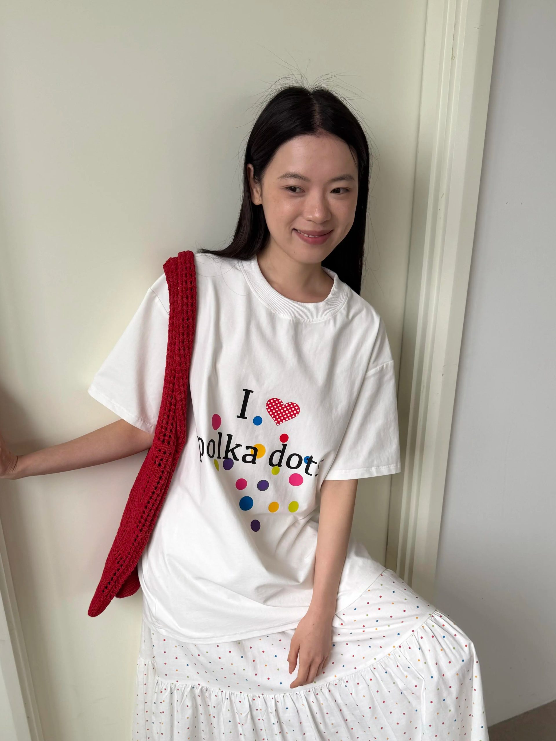 Korean Style Minimalist Polka Dot Color-Block Heart Print Short Sleeve Fitted Cotton T-Shirt for Women