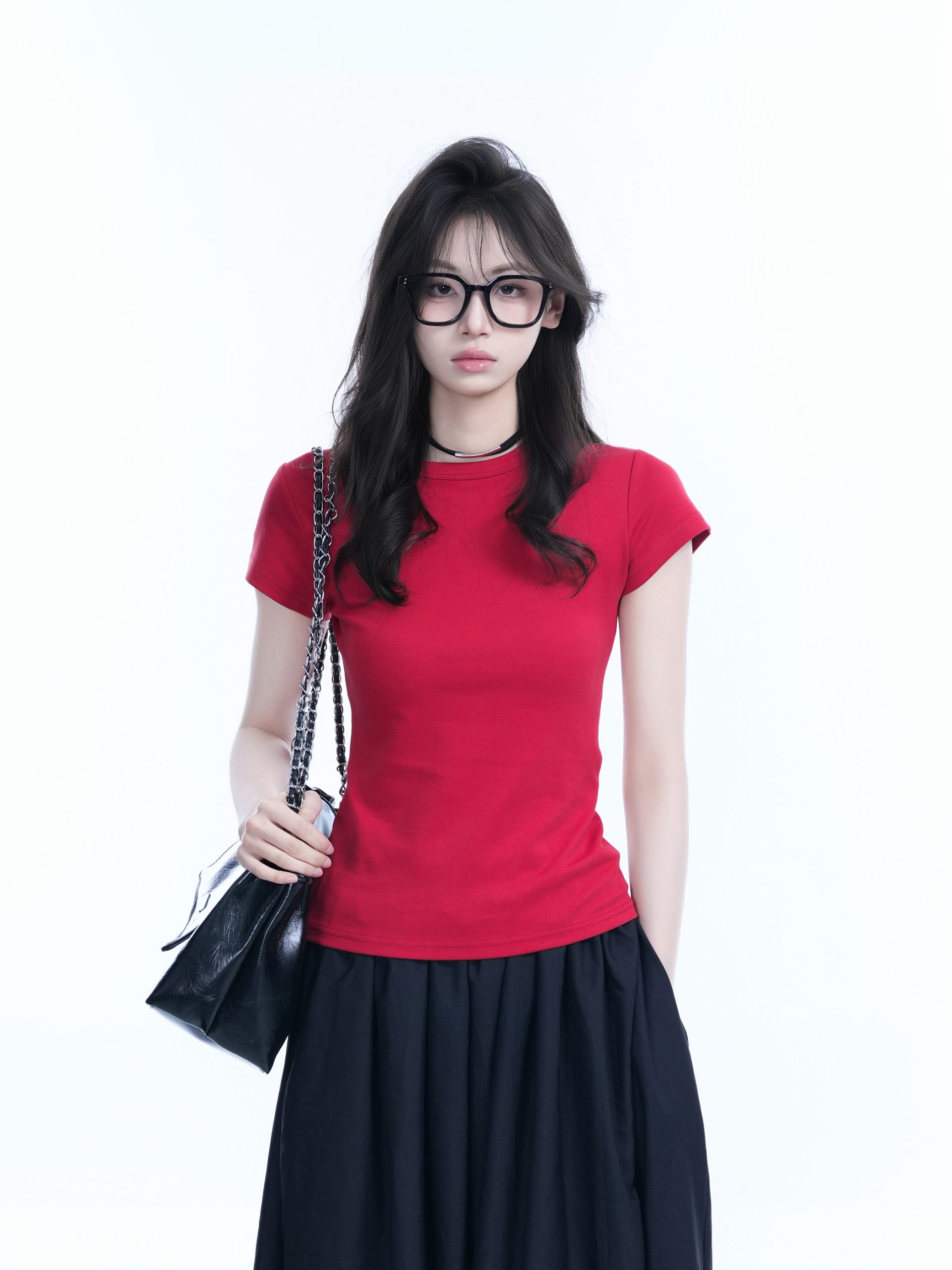 Minimalist Solid Color Short-Sleeve T-Shirt for Women - Slim Fit, Waist-Cinching Flattering Base Top, Perfect for Y2K Style