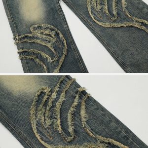 Concert Outfit Abstract Pattern Raw Edge Patchwork Jeans