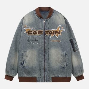 Concert Outfit Alphabet Patch Embroidered Quilted Denim Bomber Jacket