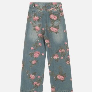 Concert Outfit American Hip-Hop Vintage Rose Jeans