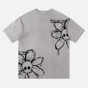 Concert Outfit American Retro Creative Skull Flower T-Shirt