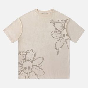 Concert Outfit American Retro Creative Skull Flower T-Shirt