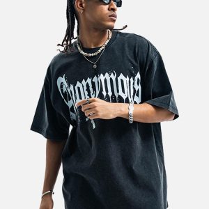 Concert Outfit American Street Heavy Washed Distressed Gothic Cross T-Shirt