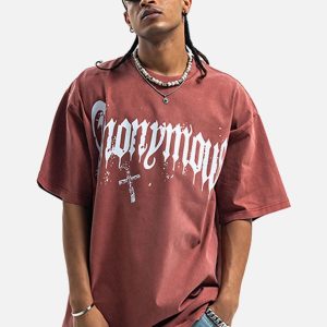 Concert Outfit American Street Heavy Washed Distressed Gothic Cross T-Shirt