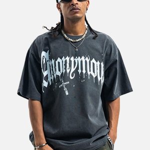 Concert Outfit American Street Heavy Washed Distressed Gothic Cross T-Shirt