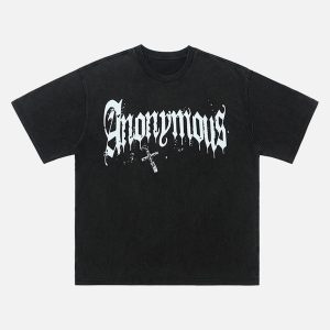 Concert Outfit American Street Heavy Washed Distressed Gothic Cross T-Shirt