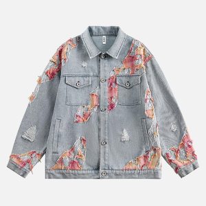 Concert Outfit American Street Style Lace Patchwork Denim Jacket