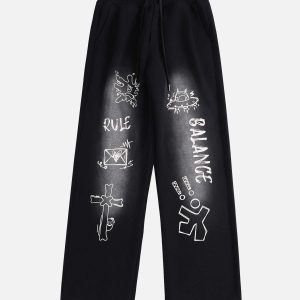 Concert Outfit American Style Spray Painted Letters Washed Casual Sweatpants