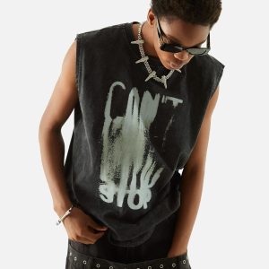 Concert Outfit Art Letter Washed Distressed Vest