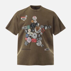 Concert Outfit Badge Print Distressed Short Sleeve T-Shirt