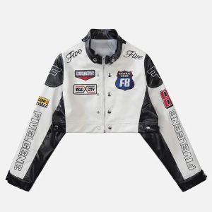 Concert Outfit Badge Short PU Leather Racing Jacket