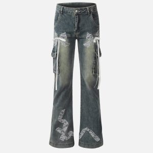 Concert Outfit Bow Multi Pocket Washed Jeans