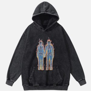 Concert Outfit Burning Retro Skull Skeleton Graphic Hoodie