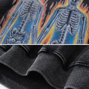 Concert Outfit Burning Retro Skull Skeleton Graphic Hoodie