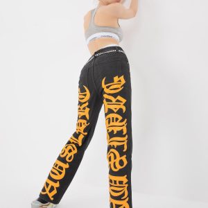 Concert Outfit Burning Text Embroidered Letters Jeans