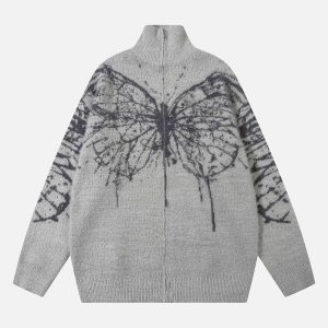 Concert Outfit Butterfly Jacquard  Knit Mock Neck Sweater