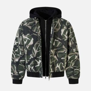 Concert Outfit Camouflage Faux Two-Piece Hooded Bomber Jacket