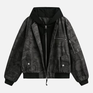 Concert Outfit Camouflage Faux Two-Piece Hooded Jacket