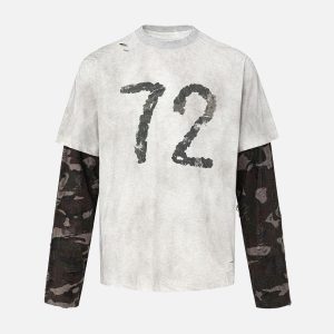 Concert Outfit Camouflage Faux Two-Piece Jersey Long Sleeve T-Shirt