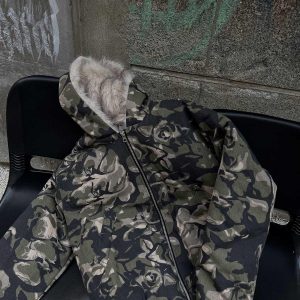 Concert Outfit Camouflage Fur Hooded Jacket