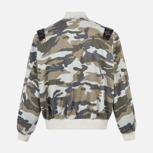 Concert Outfit Camouflage Leather Shoulder Pad Denim Bomber Jacket