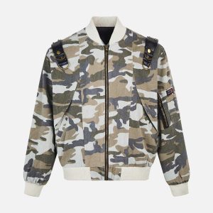 Concert Outfit Camouflage Leather Shoulder Pad Denim Bomber Jacket