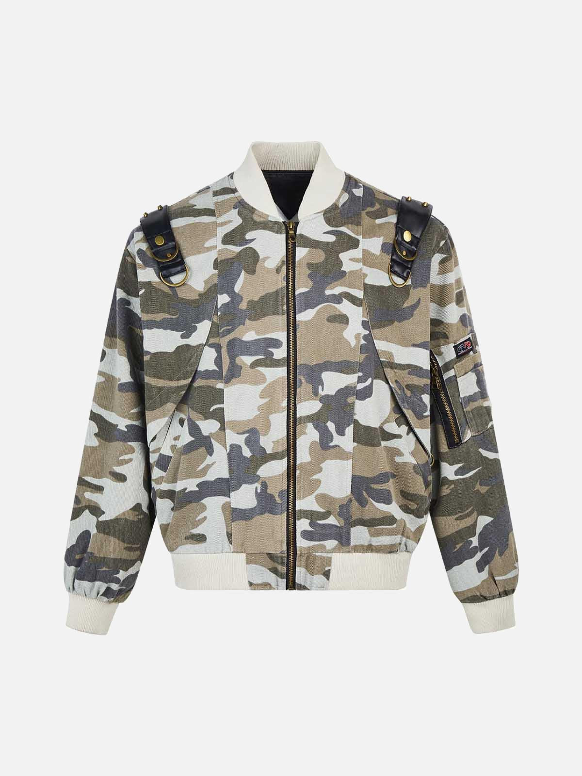 Concert Outfit Camouflage Leather Shoulder Pad Denim Bomber Jacket Concert Outfit Camouflage Leather Shoulder Pad Denim Bomber Jacket
