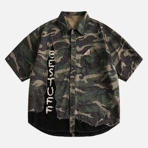 Concert Outfit Camouflage Patchwork Print Letter Short Sleeve Shirt