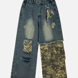 Concert Outfit Camouflage Patchwork Workwear Straight Jeans