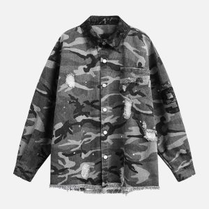 Concert Outfit Camouflage Ripped Lace Denim Shirt
