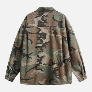 Concert Outfit Camouflage Washed Distressed Denim Shirt