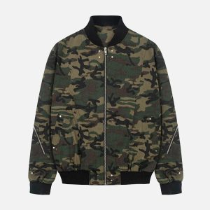 Concert Outfit Cargo Camouflage Multi Zipper Bomber Jacket