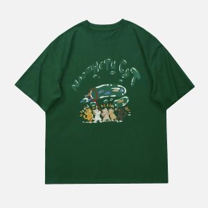 Concert Outfit Cartoon Kitten Fishing Graphic Tee