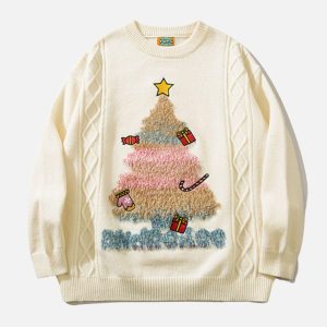 Concert Outfit Christmas Tree Embroidery Print Sweater