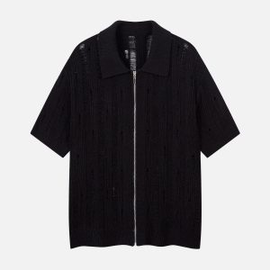 Concert Outfit Cleanfit Black Knit Zip-Up Short-Sleeve Shirt
