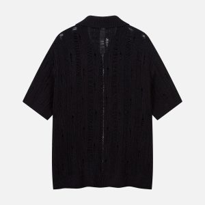 Concert Outfit Cleanfit Black Knit Zip-Up Short-Sleeve Shirt