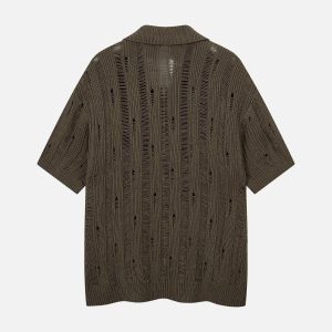 Concert Outfit Cleanfit Black Knit Zip-Up Short-Sleeve Shirt