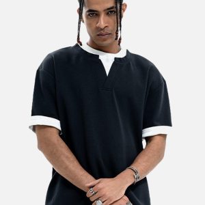 Concert Outfit Cleanfit Faux Two-Piece Oversized T-Shirt