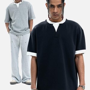 Concert Outfit Cleanfit Faux Two-Piece Oversized T-Shirt
